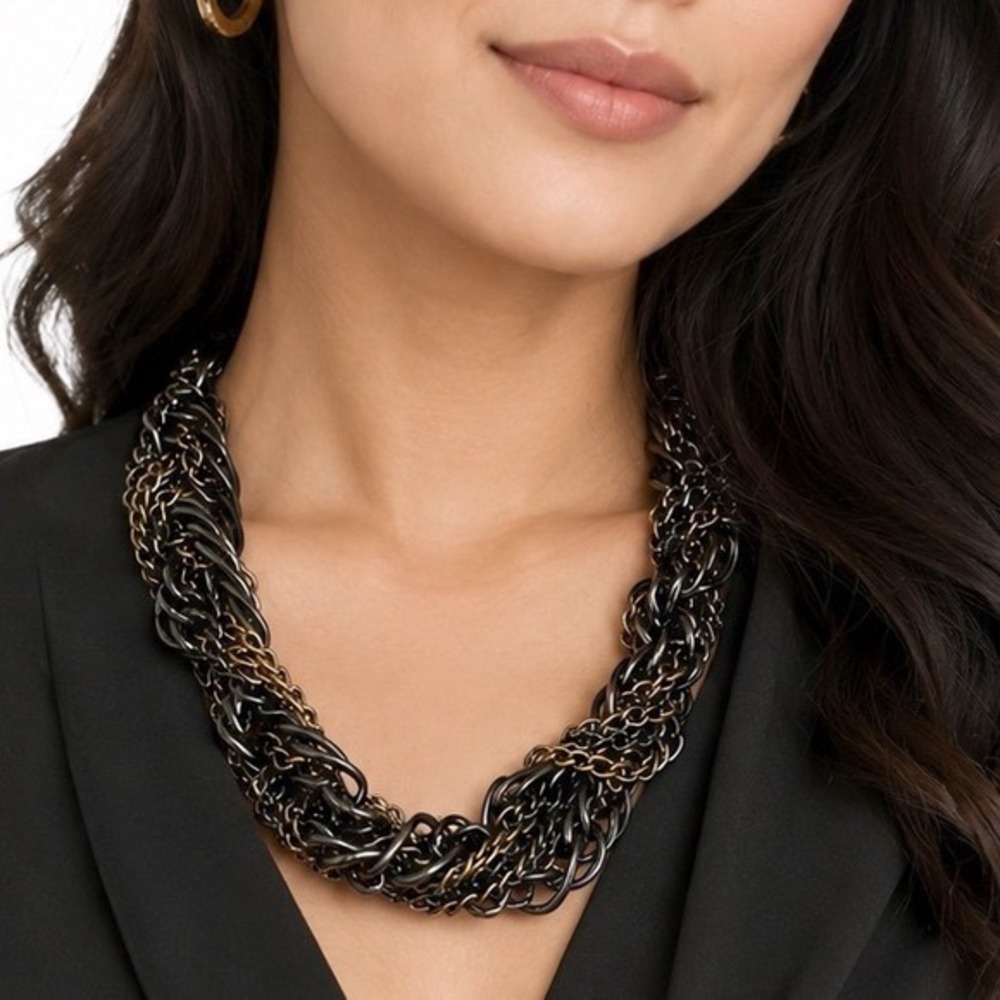 Mixed Metal Chunky‎ Multi Strand Chain Necklace Gunmetal Antique Brass Statement